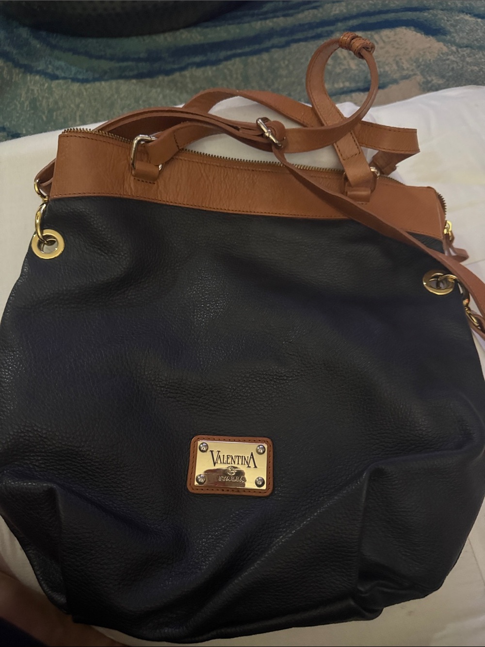 Valentina Black and Brown Leather Shoulder Bag with Gold Plate